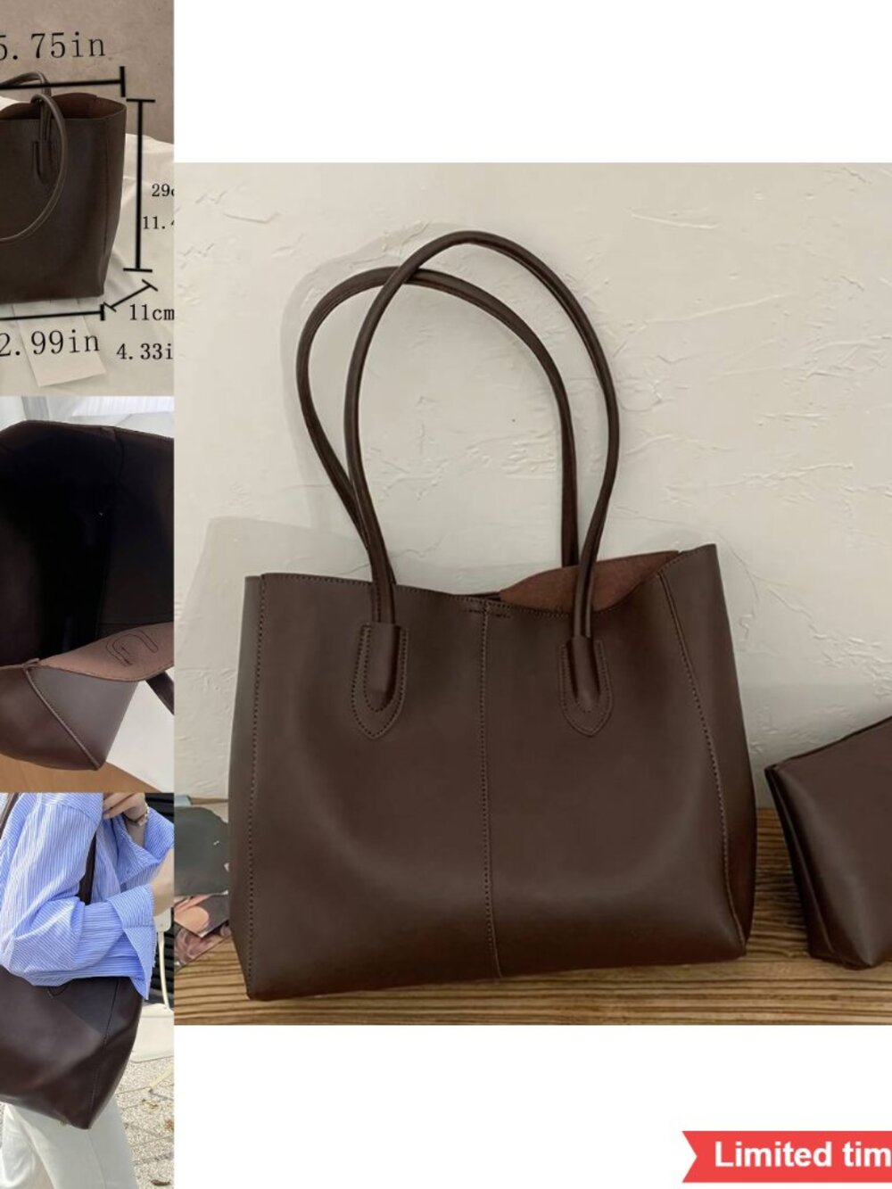 Chocolate Brown Oversized Tote Bag Large Capacity Shoulder Purse Minimalist Chic
